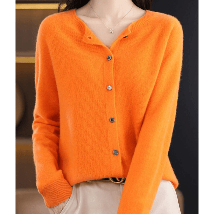 Chic V-neck women's cardigan sweater. Versatile long sleeve top for elegant, comfortable layering.