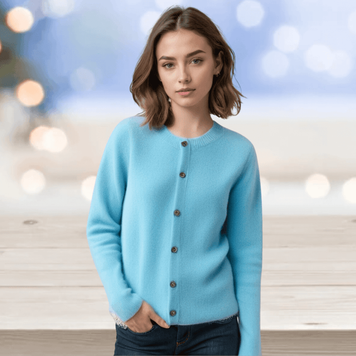 Solid color V-neck women's cardigan. Elegant long sleeve sweater for versatile & comfortable layering.