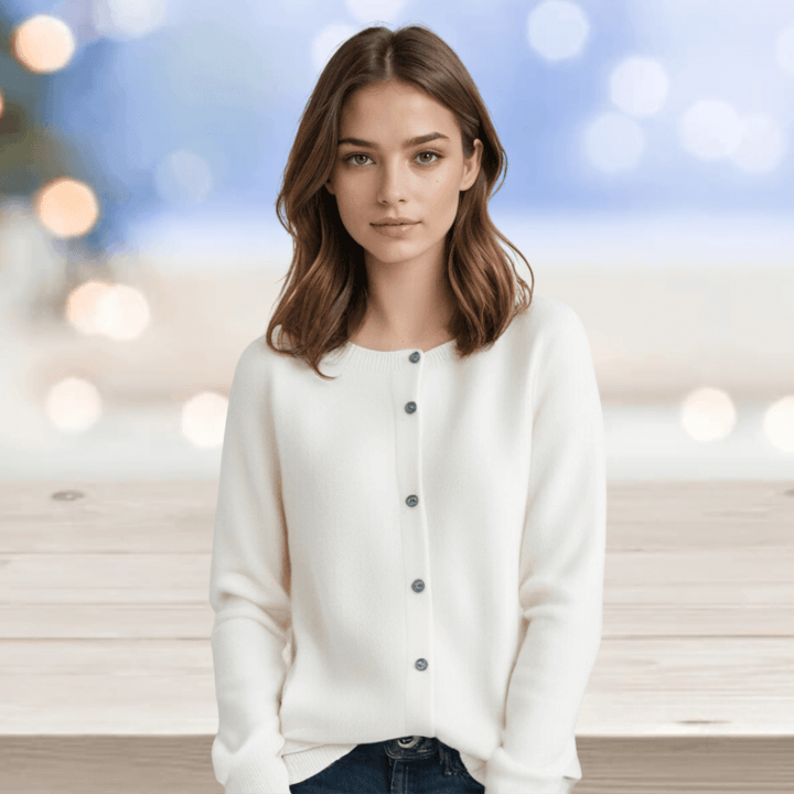 Chic women's V-neck layering cardigan. Long sleeve button-up sweater for elegant, versatile fashion.
