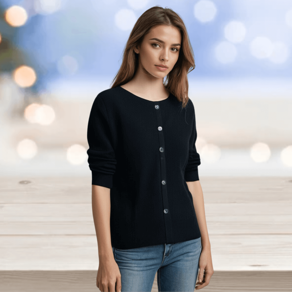 Elegant women's V-neck sweater cardigan. Versatile long sleeve top for comfortable everyday wear.