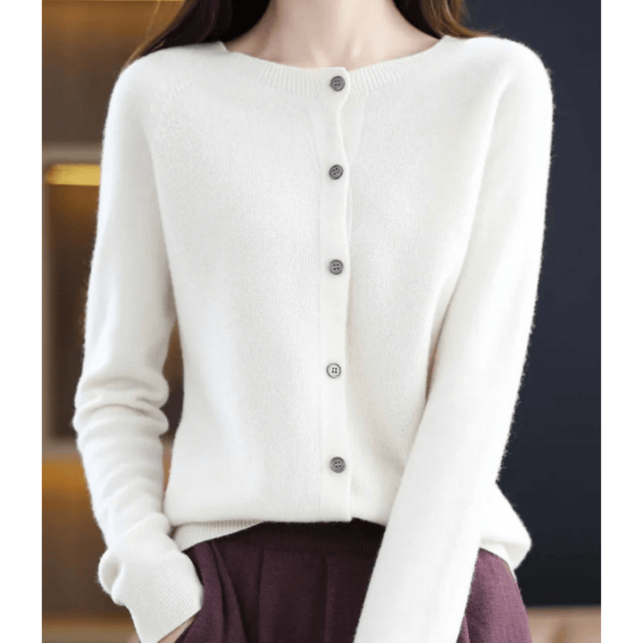Chic women's V-neck cardigan. Solid color long sleeve sweater, perfect for versatile layering.
