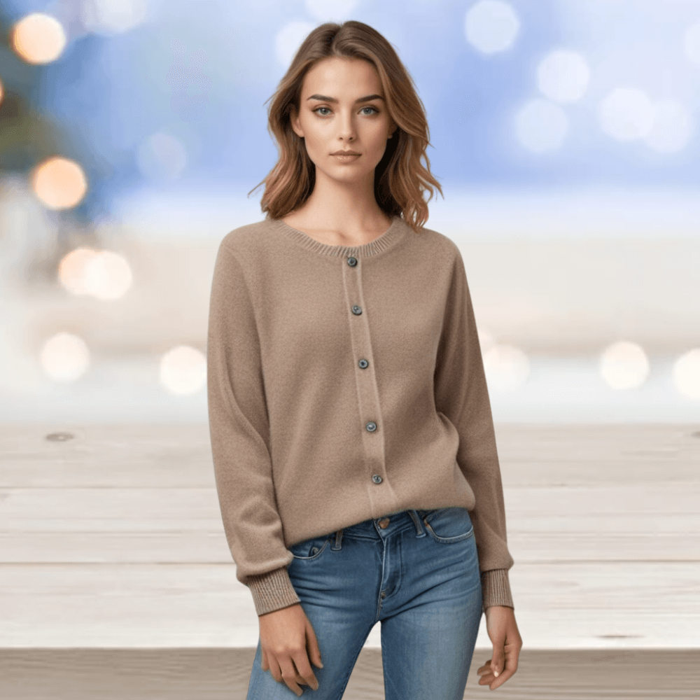 Elegant women's layering V-neck cardigan. Long sleeve button-up sweater for versatile fashion.