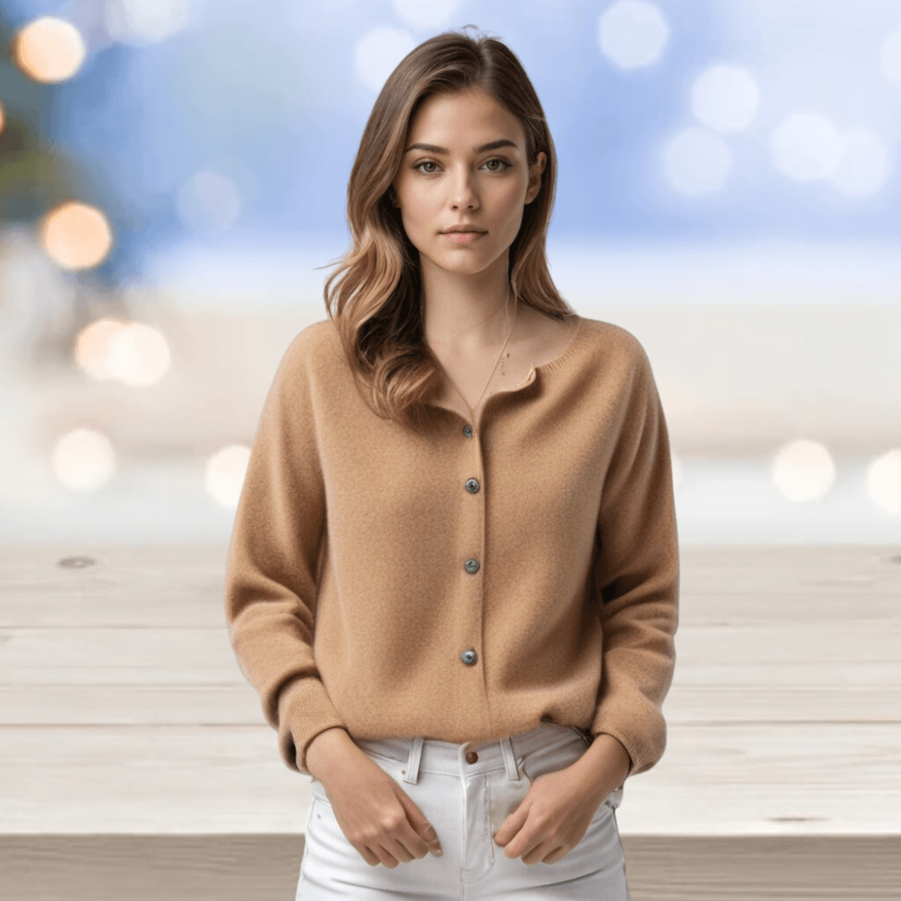 Versatile women's V-neck solid color cardigan. Comfortable long sleeve top for elegant layering.