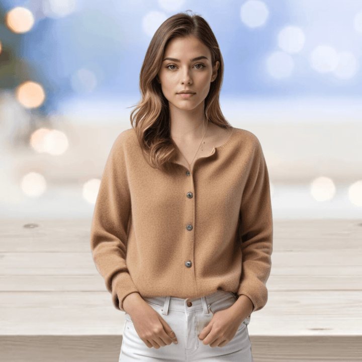 Versatile women's V-neck solid color cardigan. Comfortable long sleeve top for elegant layering.