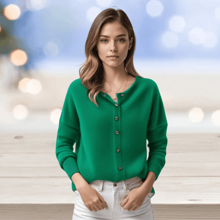 Women's V-neck long sleeve cardigan. Button-up, elegant & chic for versatile layering.
