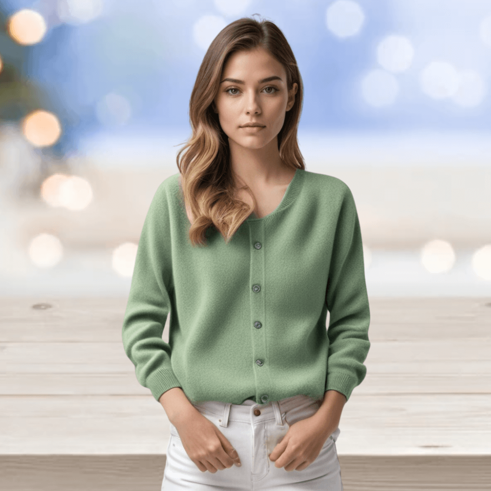 Comfortable V-neck women's cardigan sweater. Everyday long sleeve, elegant for versatile layering.