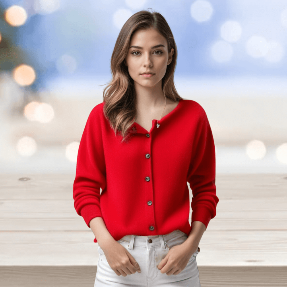 Elegant solid V-neck women's cardigan. Versatile long sleeve button-up sweater for chic layering.