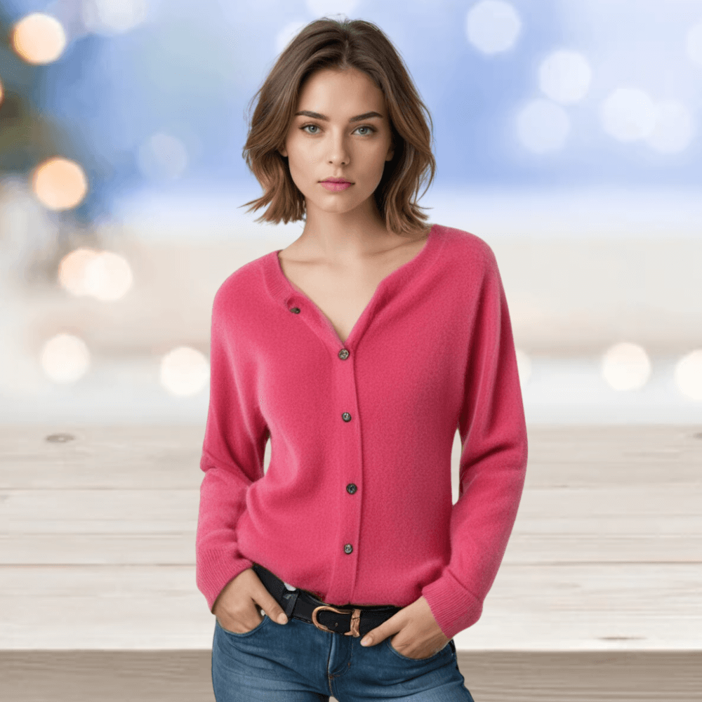 Chic V-neck layering top for women. Elegant long sleeve button-up cardigan for versatile wear.