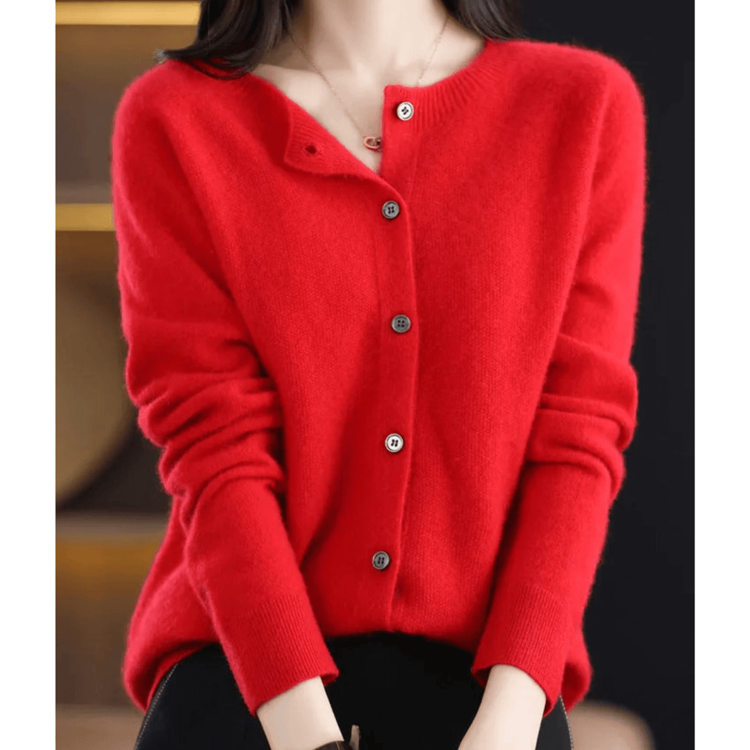 Comfortable women's V-neck cardigan, an elegant layering top. Button-up, long sleeve sweater.