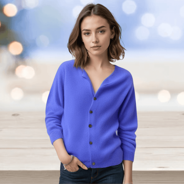 Elegant women's V-neck sweater. Versatile long sleeve button-up cardigan for comfortable layering.