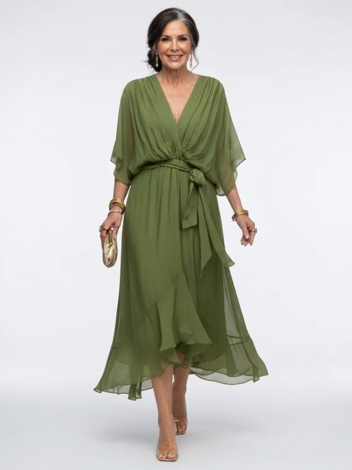 Elegant women's V-neck draped waist tie midi dress, flowy and versatile, perfect for summer or casual wear.