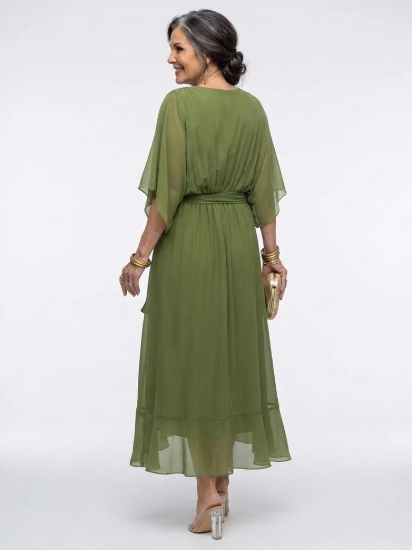 Versatile women's midi dress featuring a flattering V-neck and adjustable waist tie, great for parties or summer.