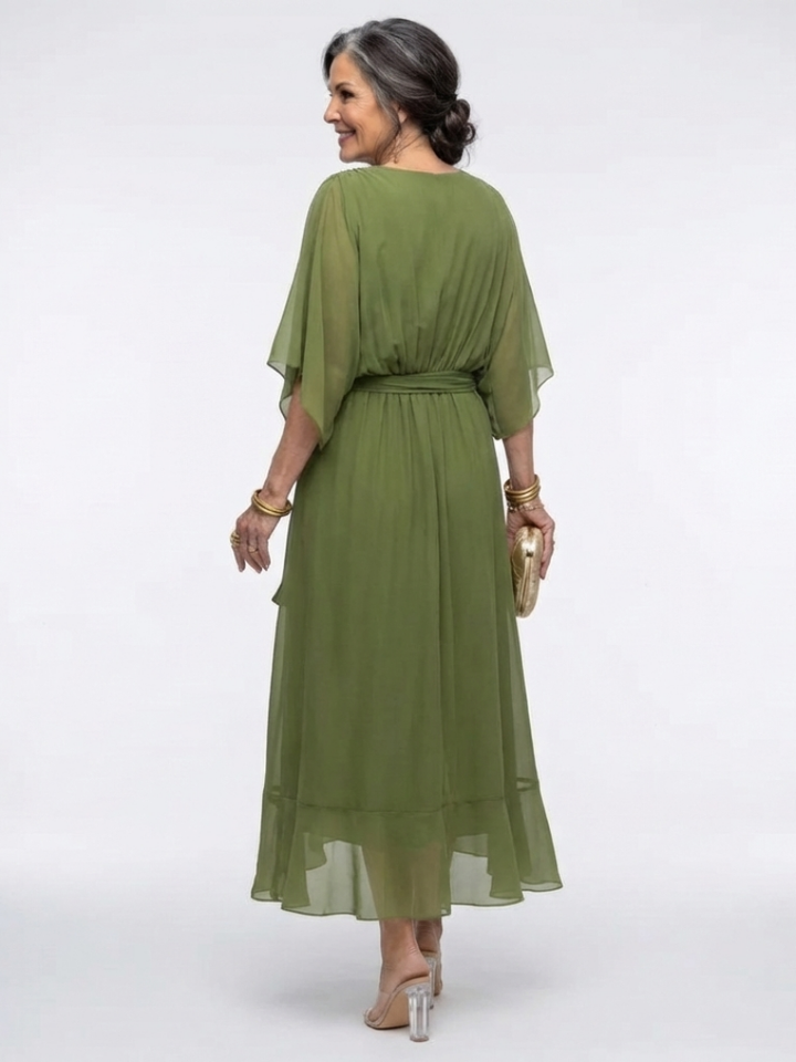 Versatile women's midi dress featuring a flattering V-neck and adjustable waist tie, great for parties or summer.
