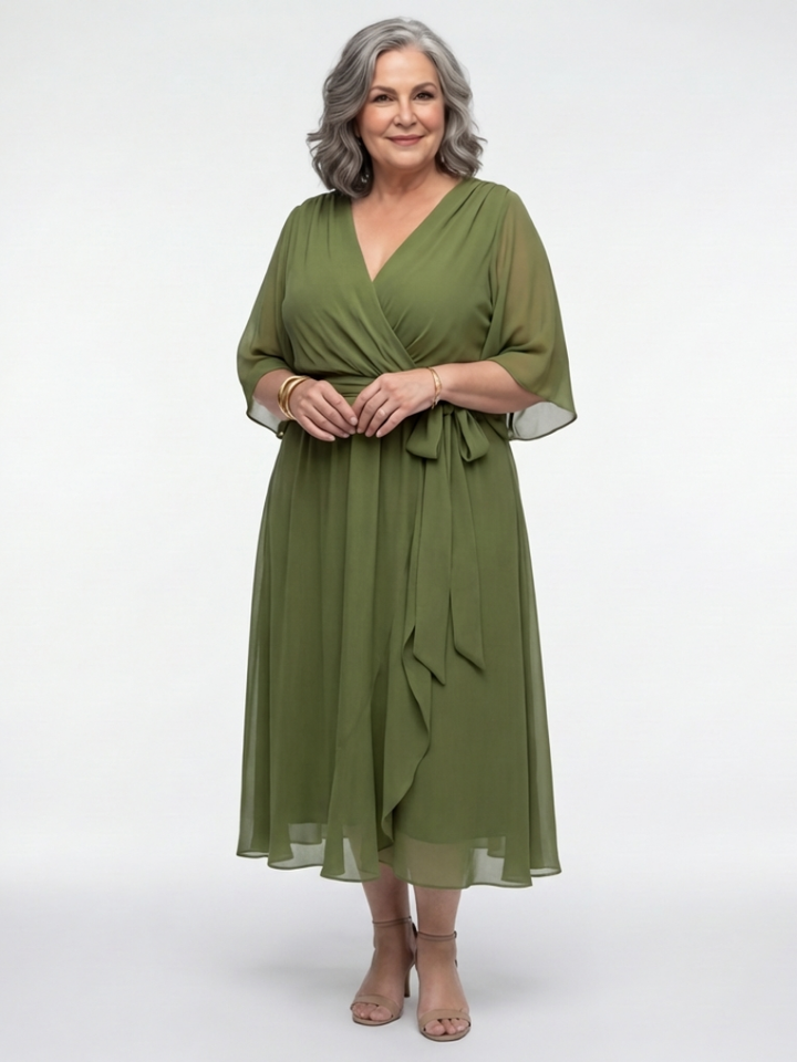 Relaxed fit pull-on women's V-neck midi dress with an elegant draped waist and short sleeves, comfortable all day.