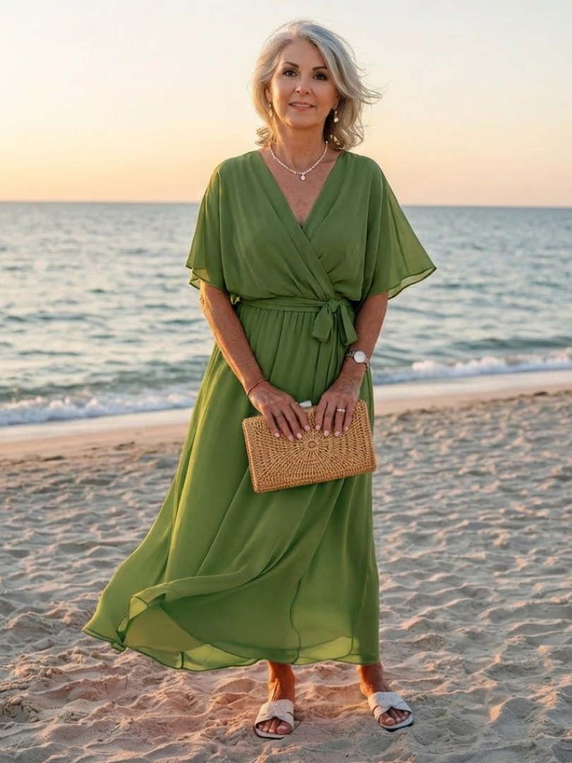 Flowy women's V-neck midi dress with a chic draped waist tie, a stylish and comfortable short sleeve design.