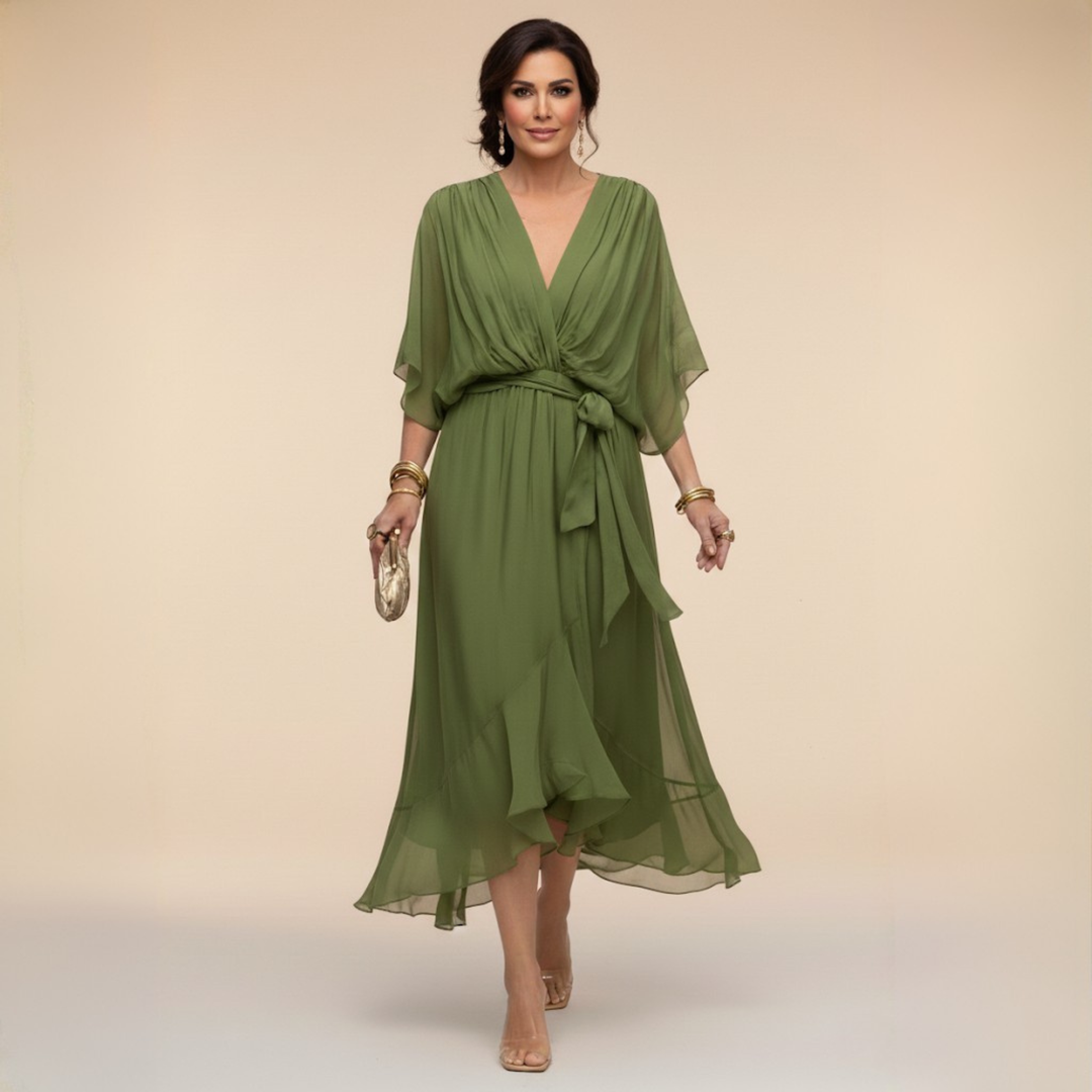 Elegant women's V-neck dress with flowy sleeves, perfect for sophisticated evening wear.