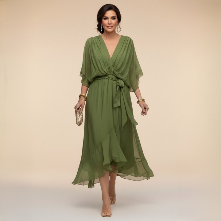 Elegant women's V-neck dress with flowy sleeves, perfect for sophisticated evening wear.