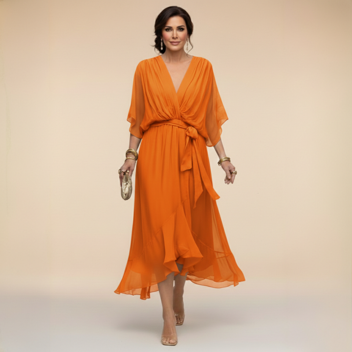 Elegant & versatile V-neck flowy sleeve dress for women, great for cocktail parties or evening wear.