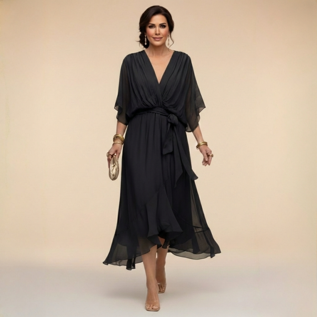 Chic women's V-neck flowy sleeve party dress, ideal for special occasions or cocktail events.