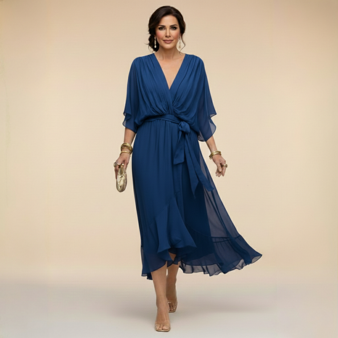 Sophisticated women's elegant V-neck dress featuring graceful flowy sleeves for a chic look.