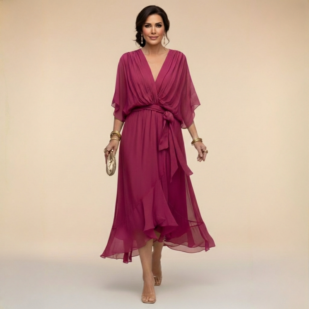 Versatile women's V-neck flowy sleeve cocktail dress, perfect for elegant evening parties.