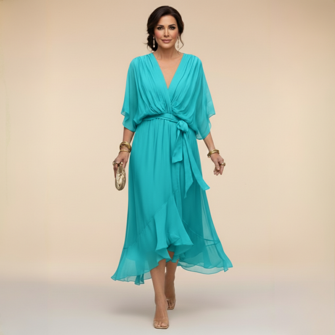 Elegant women's V-neck dress featuring stylish flowy sleeves and a flattering silhouette.
