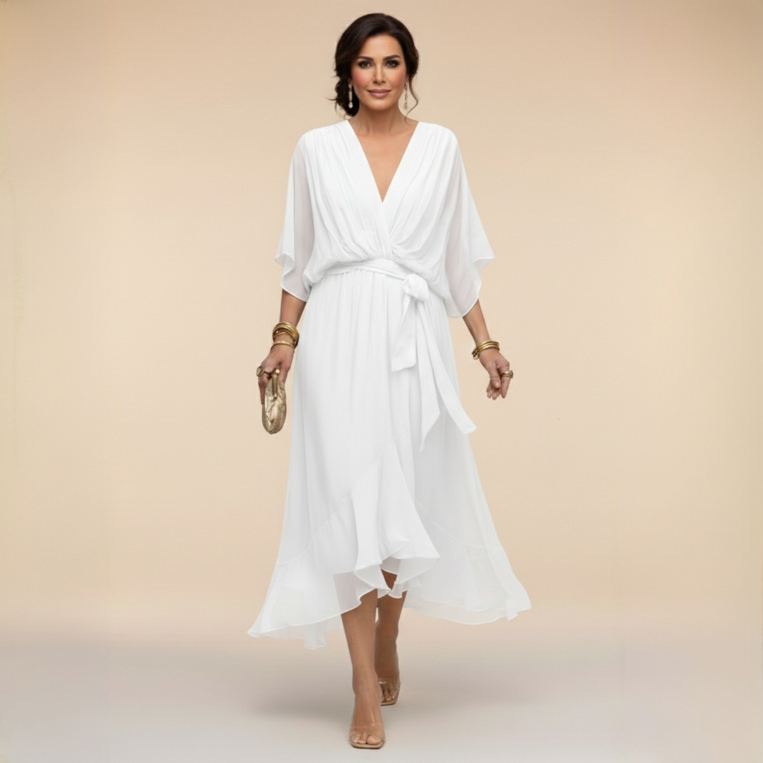 Chic V-neck flowy sleeve party dress for women, ideal for evening events & special occasions.