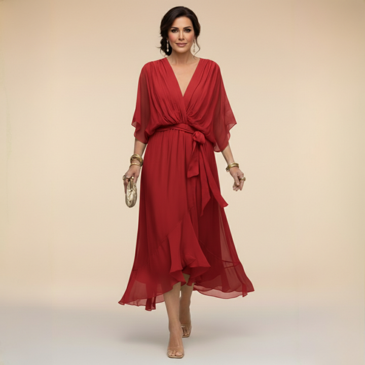 Women's sophisticated V-neck flowy sleeve dress, perfect for any elegant special occasion.