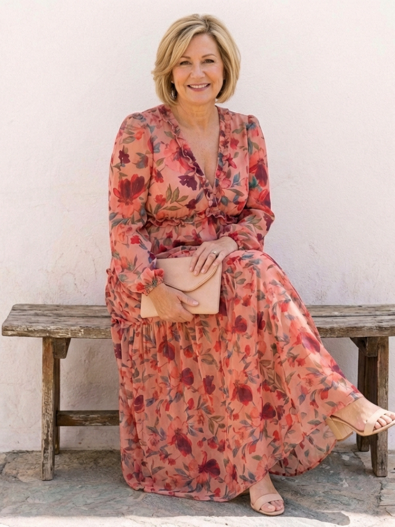 Flowy long sleeve maxi dress for women, featuring a beautiful floral print and stylish V-neck design.