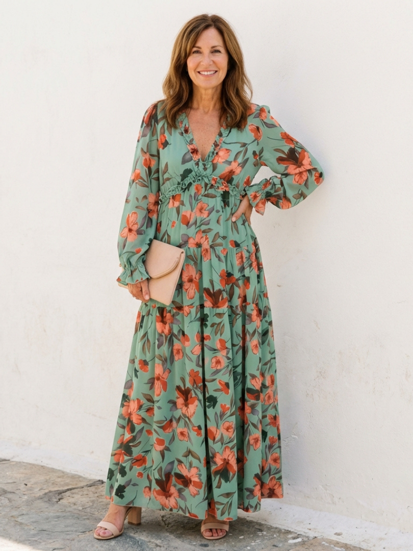 Comfortable and elegant floral maxi dress with long sleeves and a flattering V-neck, ideal for casual wear.