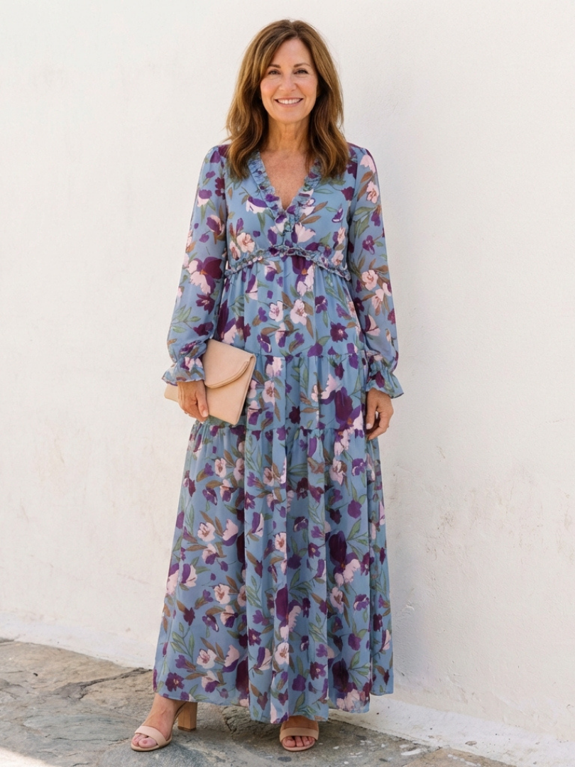 Gorgeous floral long sleeve maxi dress for women, featuring a classic V-neck; a versatile elegant spring dress.