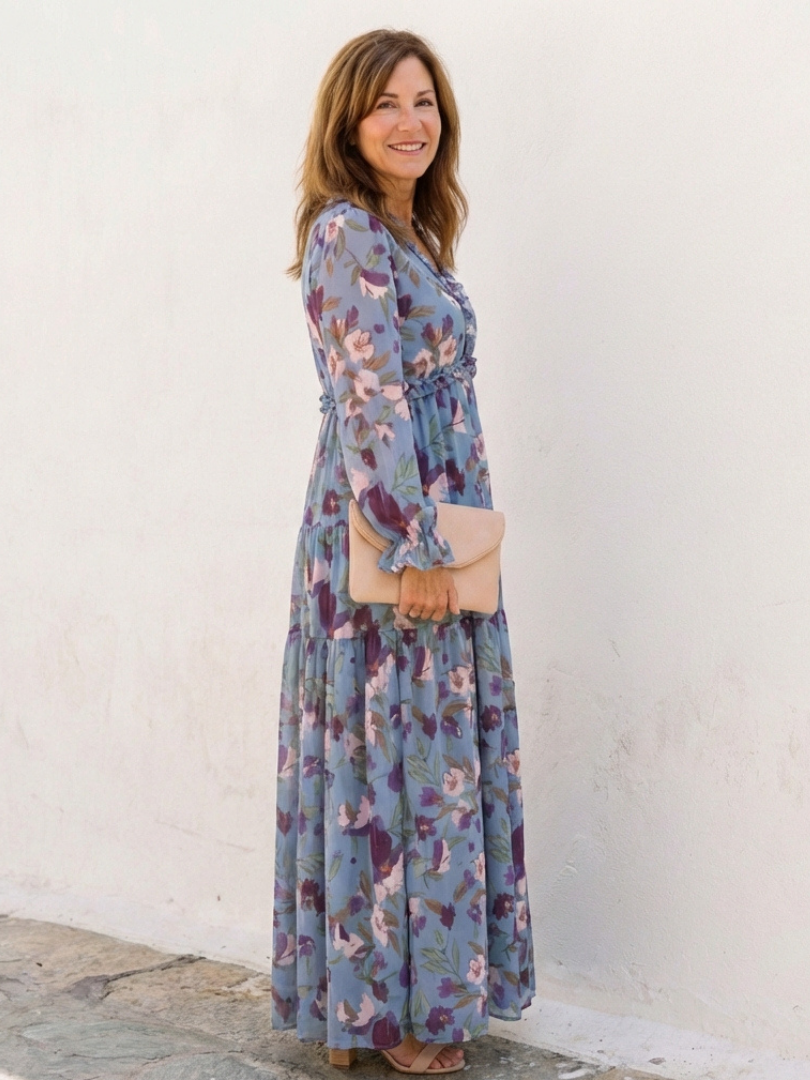 Casual yet elegant women's floral maxi dress with a sophisticated V-neck and comfortable long sleeves.