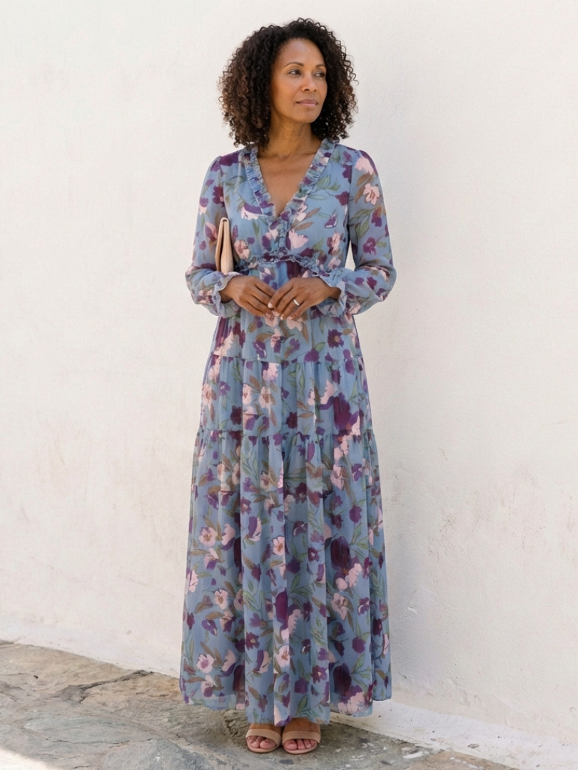 Chic women's V-neck floral print maxi dress with long sleeves, perfect for a flowy spring or summer look.