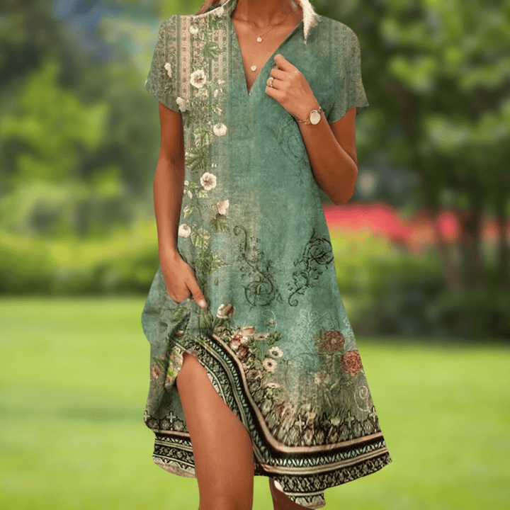 Stylish women's V-neck floral print dress, versatile for casual summer outings, elegant parties, or comfortable day wear.