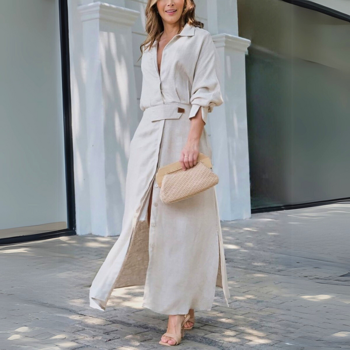 Elegant women's V-neck flowy maxi dress, perfect for summer days, beaches, or parties. Chic and comfortable.