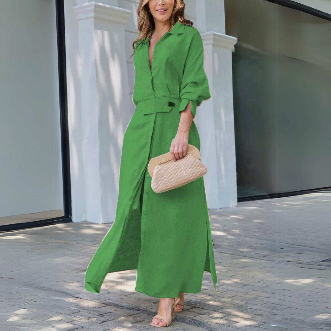 Stylish women's V-neck flowy maxi dress, a versatile long summer gown suitable for beach, casual & party wear.