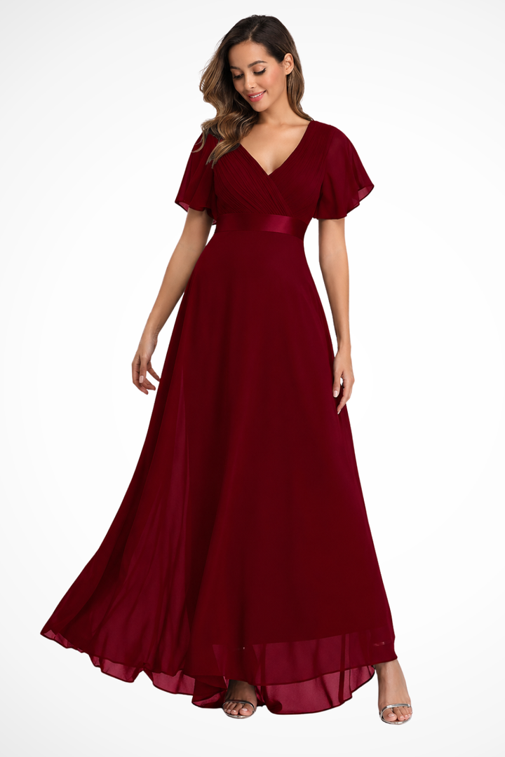 Women's formal V-neck maxi gown, an elegant choice for wedding guests & evening parties.