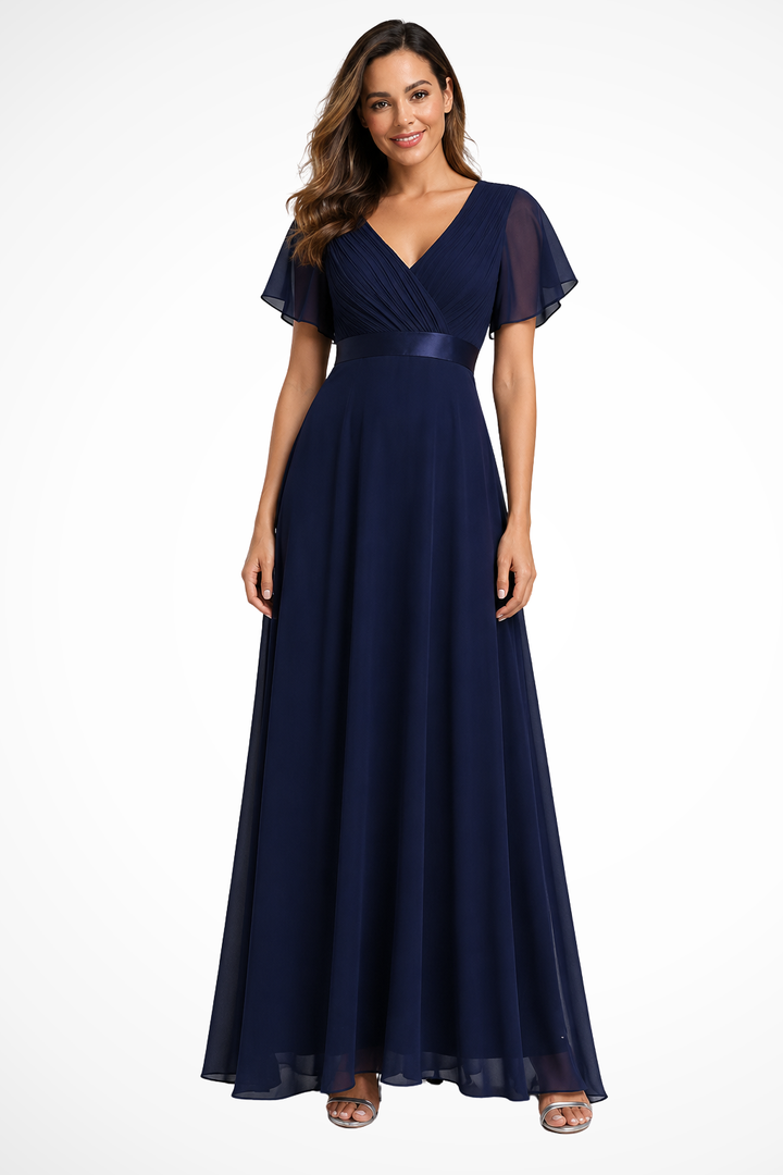 Beautiful V-neck flutter sleeve evening gown for women, ideal as a wedding guest dress.