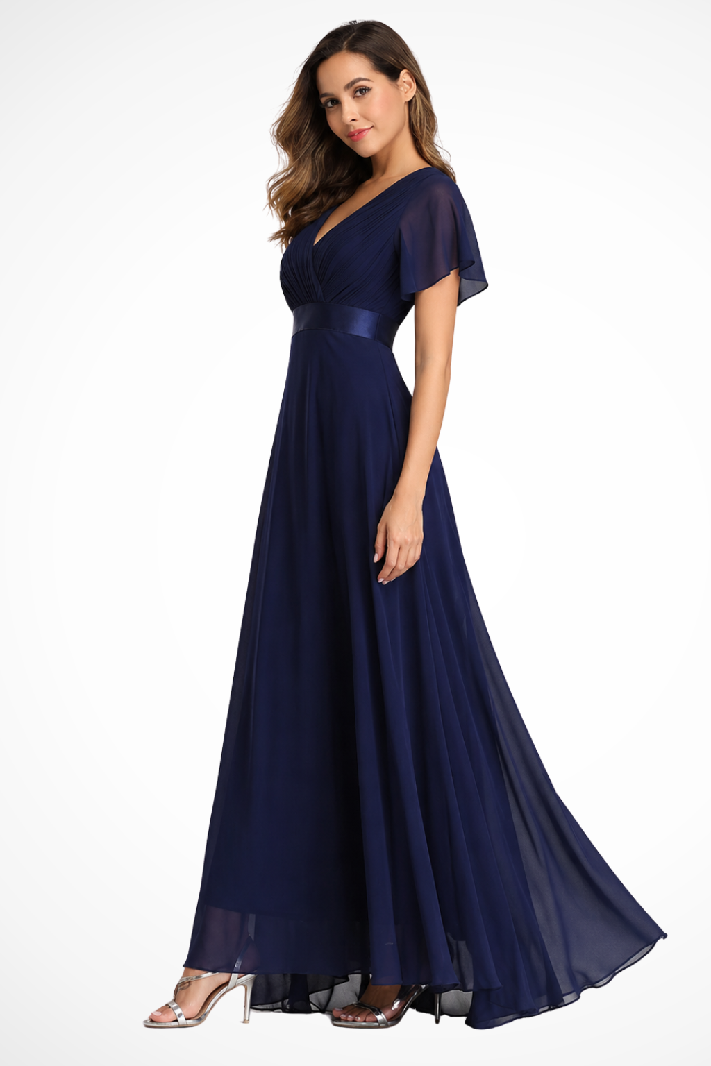 Sophisticated women's maxi dress with V-neck & flutter sleeves, suitable for special occasions.