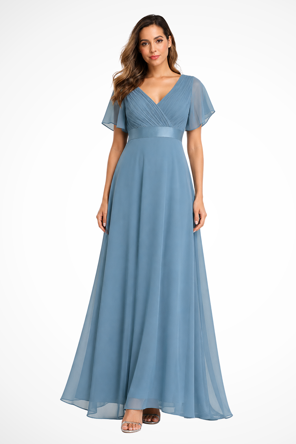 Elegant women's party dress: V-neck, flutter sleeve maxi gown, perfect for special occasions.