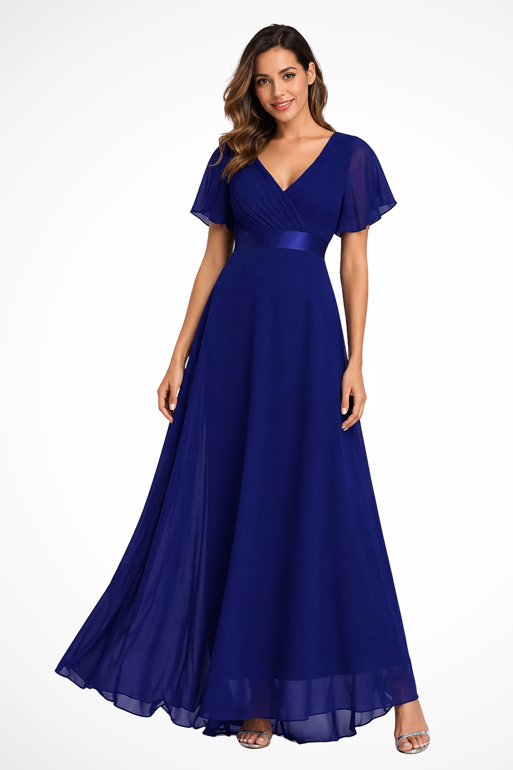 Women's formal wear: long V-neck flutter sleeve maxi dress, a stunning wedding guest outfit.