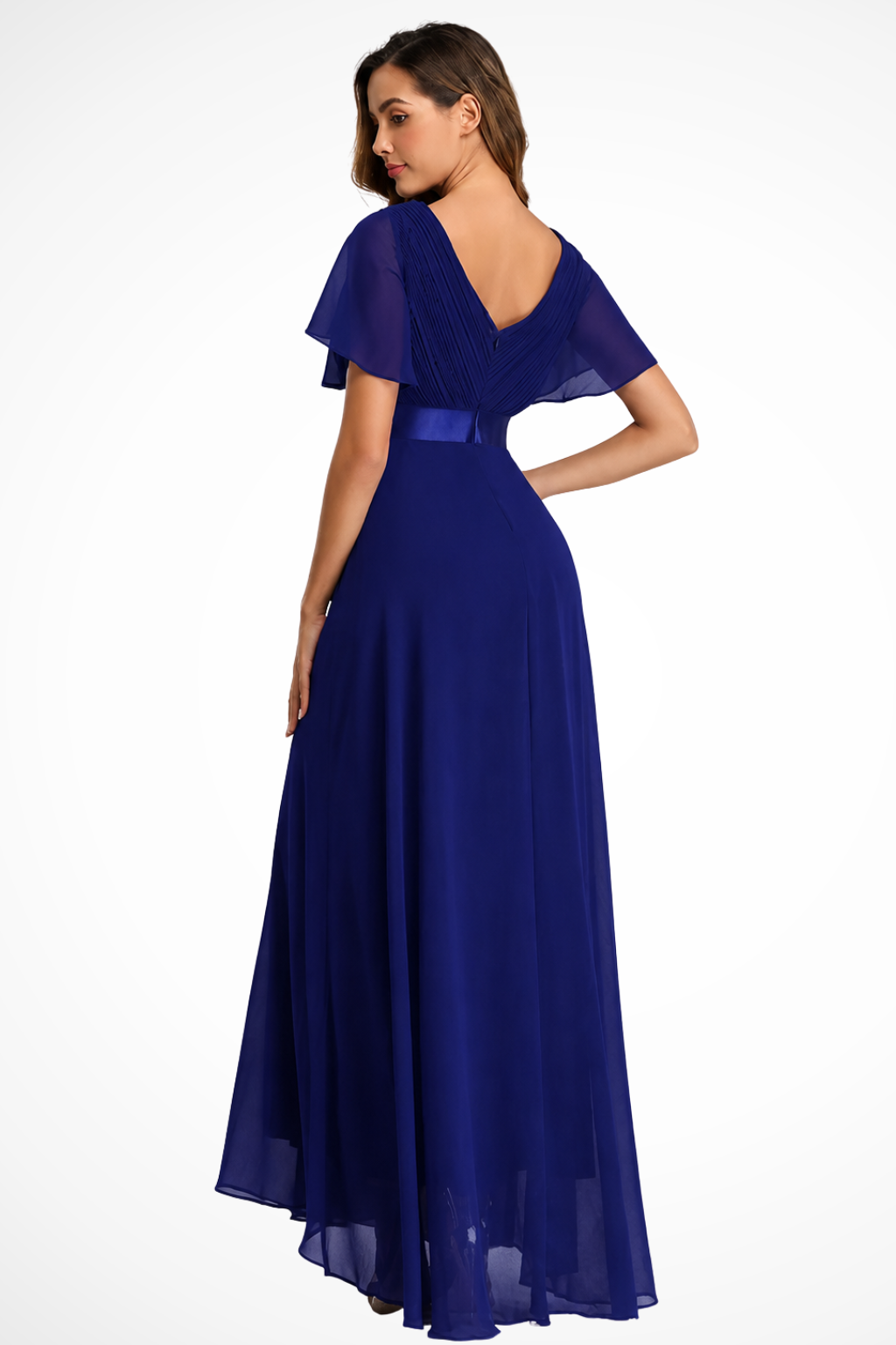 Gorgeous flowy V-neck maxi dress with flutter sleeves, designed for women as wedding guests.