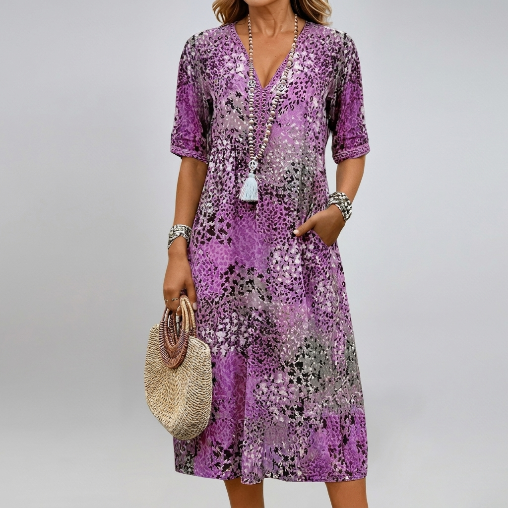 Stylish women's V-neck dress featuring delicate lace detailing & short sleeves. Great for parties & holidays.