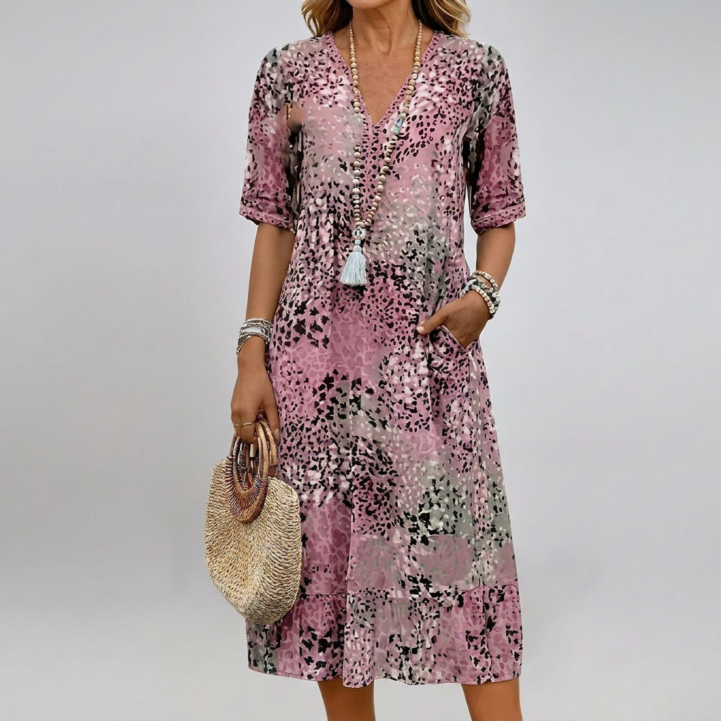 Casual yet elegant women's V-neck short-sleeve lace dress, comfortable for summer outings & versatile events.