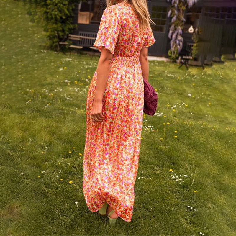 Flowy V-neck maxi dress for women, offering timeless style and comfortable elegance.