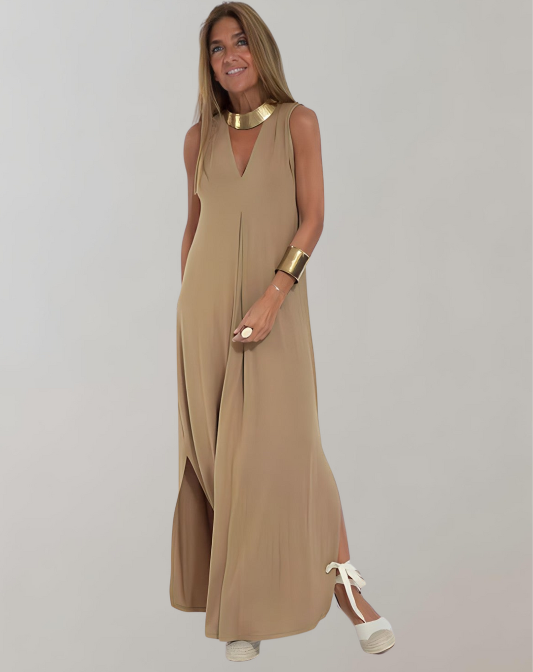 Flowy women's V-neck maxi dress in a vibrant summer color, offering comfortable and chic womenswear.