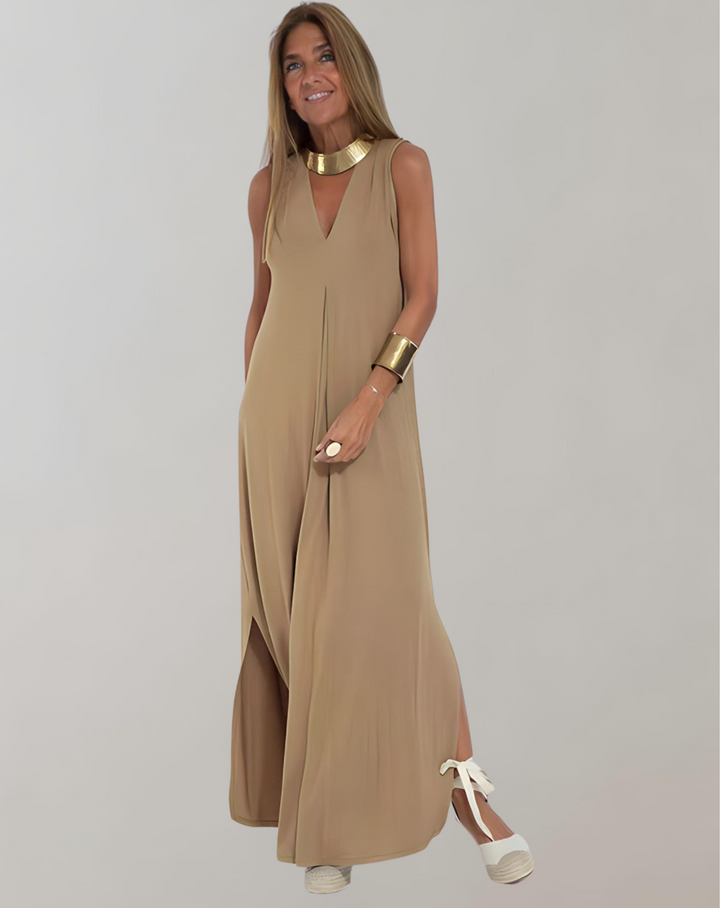 Flowy women's V-neck maxi dress in a vibrant summer color, offering comfortable and chic womenswear.