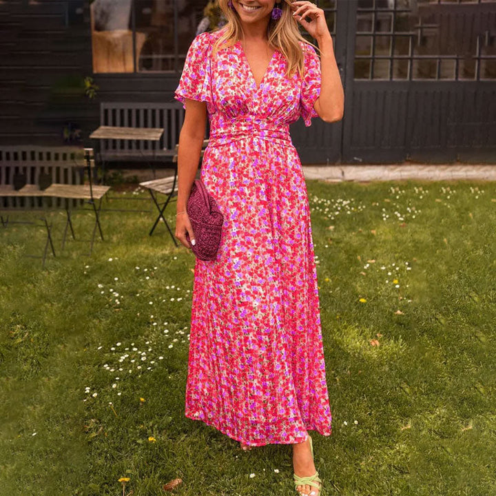 Comfortable women's flowy V-neck maxi dress, perfect for relaxed yet elegant summer fashion.