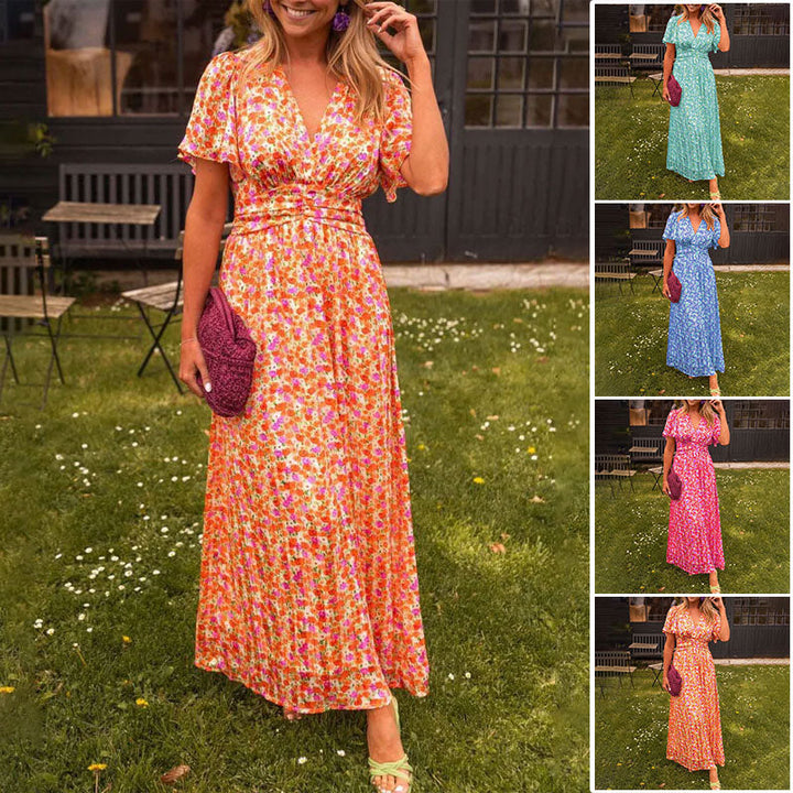 Women's V-neck maxi dress, a sophisticated & versatile apparel choice for elegant summer styling.