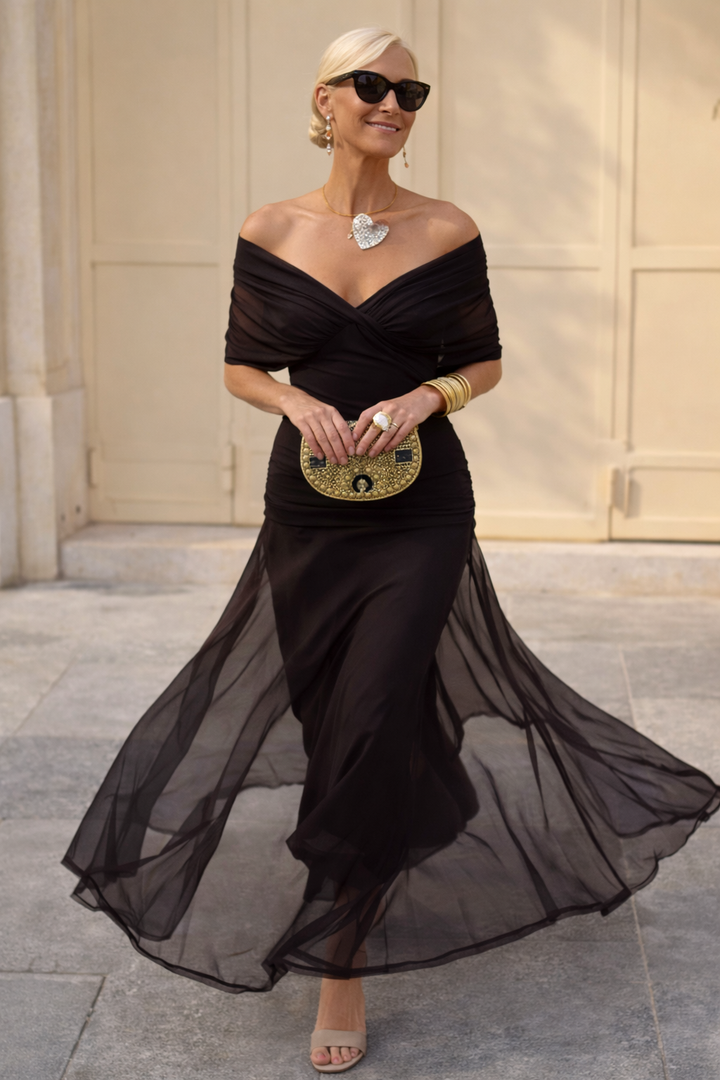 Evening party women's V-neck maxi dress, a flattering wrap style with elegant short sleeves.